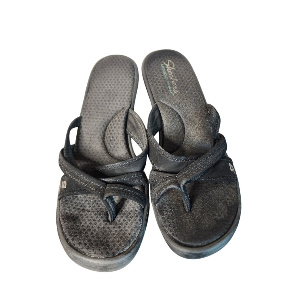 Skechers Memory Foam Black Wedge Thong Sandals Womens 11 Crisscross Straps